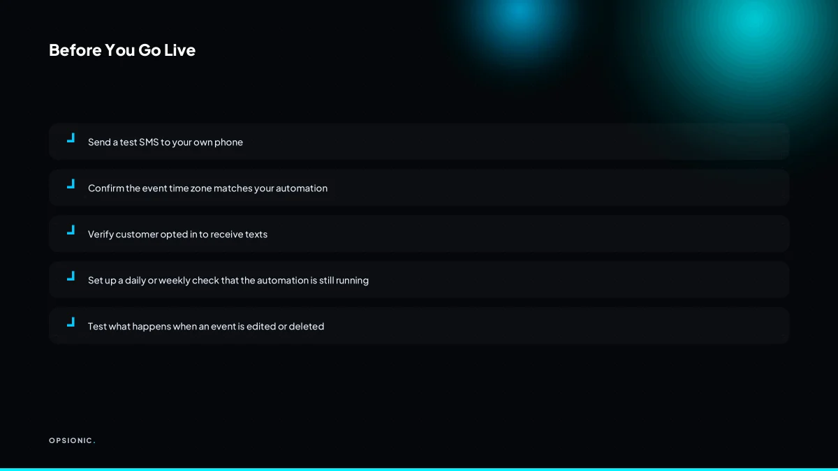 Checklist with items like test with a real phone, verify time zone, confirm consent, and monitor for silent failures